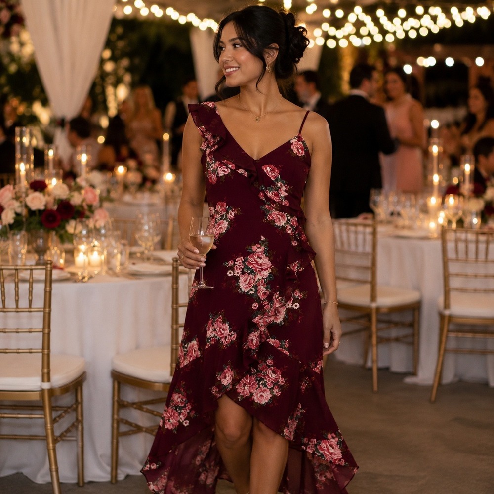 WAYF Womens Floral Ruffled High Low Midi Dress Burgundy Wineβ Rose Medium